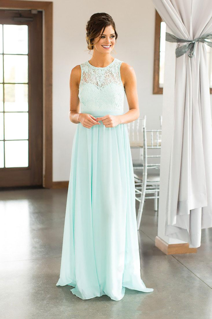 2021 Mint Green Lace Country Bridesmaids Dresses Long Sheer Jewel Neck Chiffon Wedding Guest Dress Floor Length Cheap Maid Of Honor Gowns