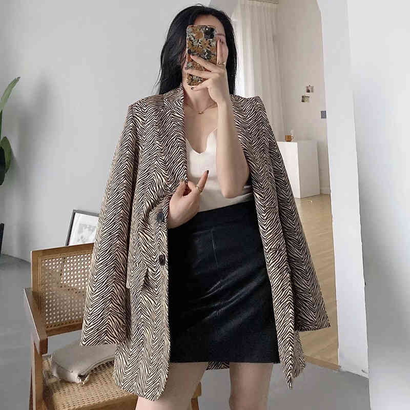 Women Fashion Zebra Striped Print Blazers Long Sleeve Vintage Pockets Coat Casual Office Ladies Single Breasted Jackets 210515