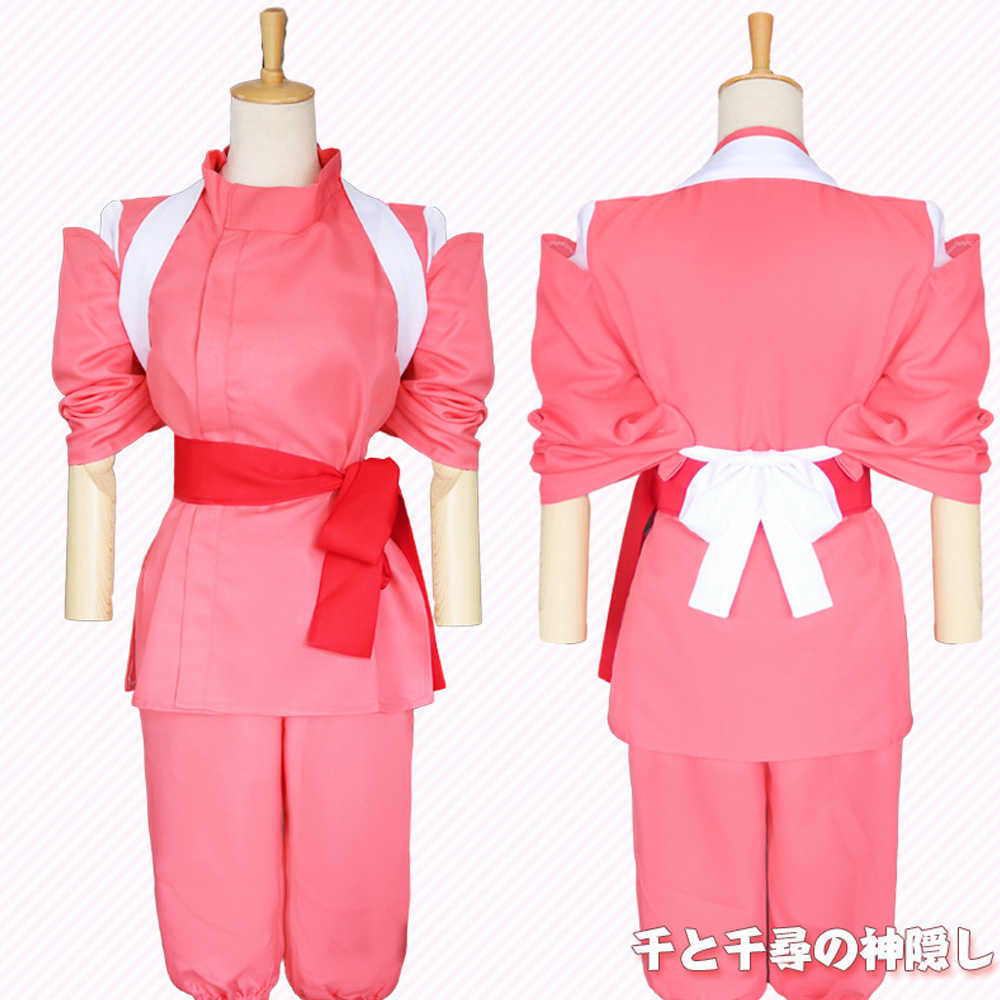 Hot Anime Movie Spirited Away Cosplay Suits Takino Chihiro Show Costumes Kamikakushi Girls Pink Kimono Sets Ladies Party Wig Y0913