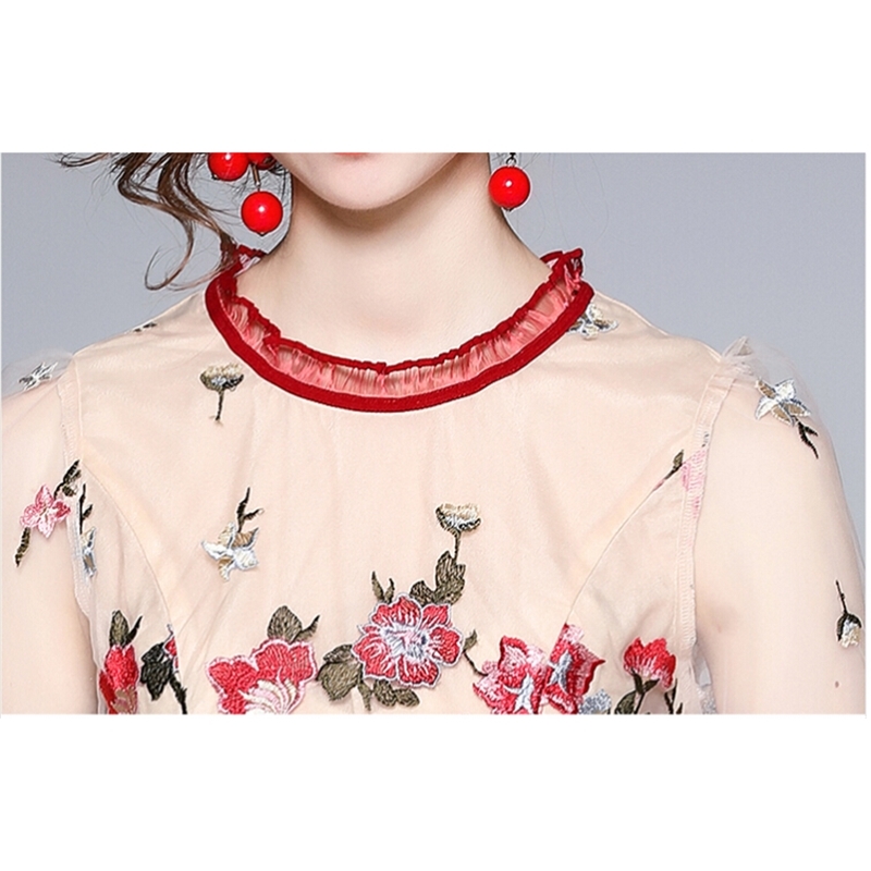 Fashion Summer Dress Women's Mesh Embroidery Flowers Vintage Elegant Temperament Dresses Vestidos 210520