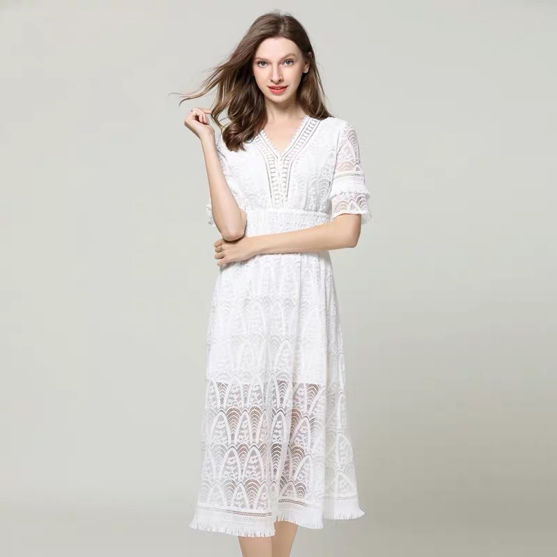 summer vocation white lace v-neck tassel midi dress short sleeve hollow out robe dresses party causal 210421