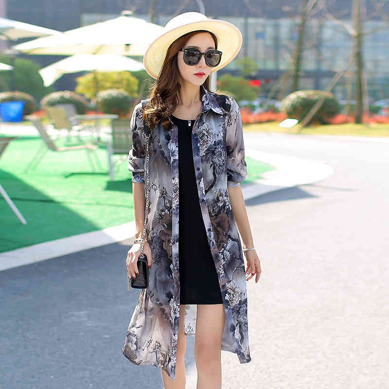 Summer Long Shirt Women Beach Sun Protection Clothes Floral Loose Sleeve Cardigan Chiffon Blouse Print Tops 9127 50 210508