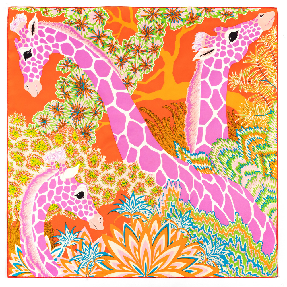 90cm New Handmade Crimping Silk Scarf Women Twill Jungle Fawn Print Shawl Headscarf Handkerchief