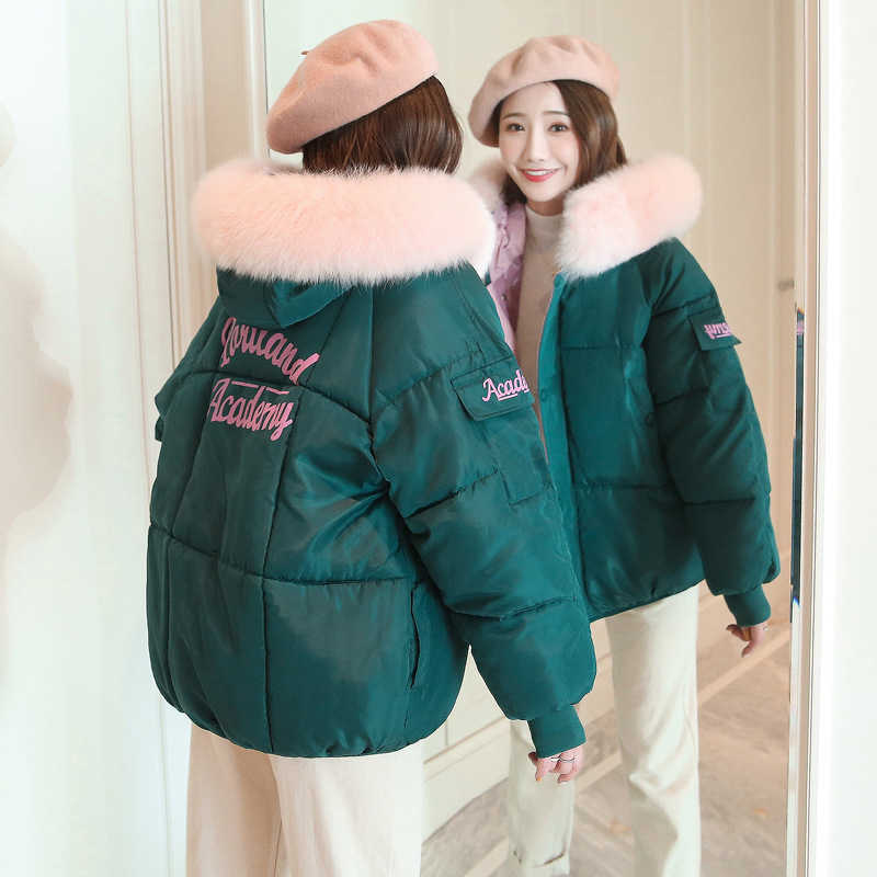 LY VAREY LIN Winter Short Cotton Jackets Women Letter Printing With Fur Collar Hooded Coats Casual Thicken Bubble 210526