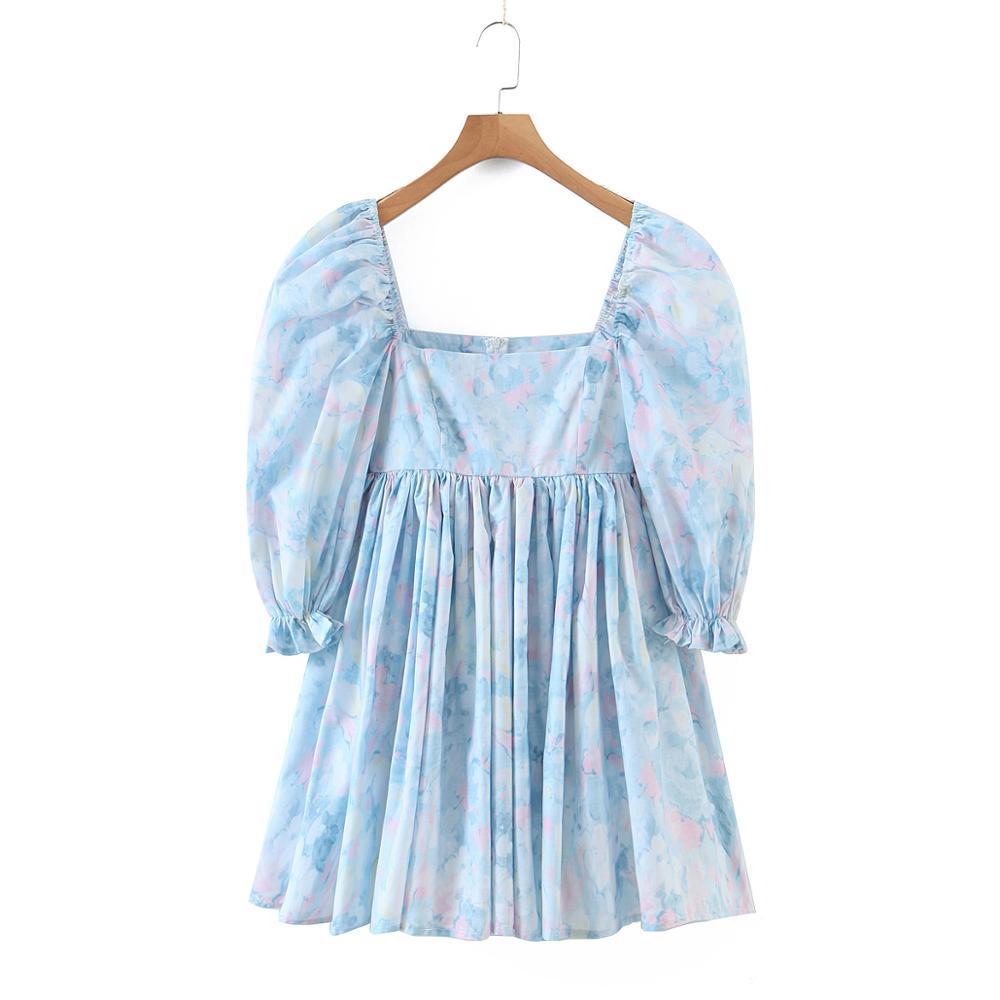 Bright Like Silk BLUE Floral Print Ball Gown Dress Puff Sleeve Retro Women Ruched Pleated Waist Mini Party Dresses Fairy 210429