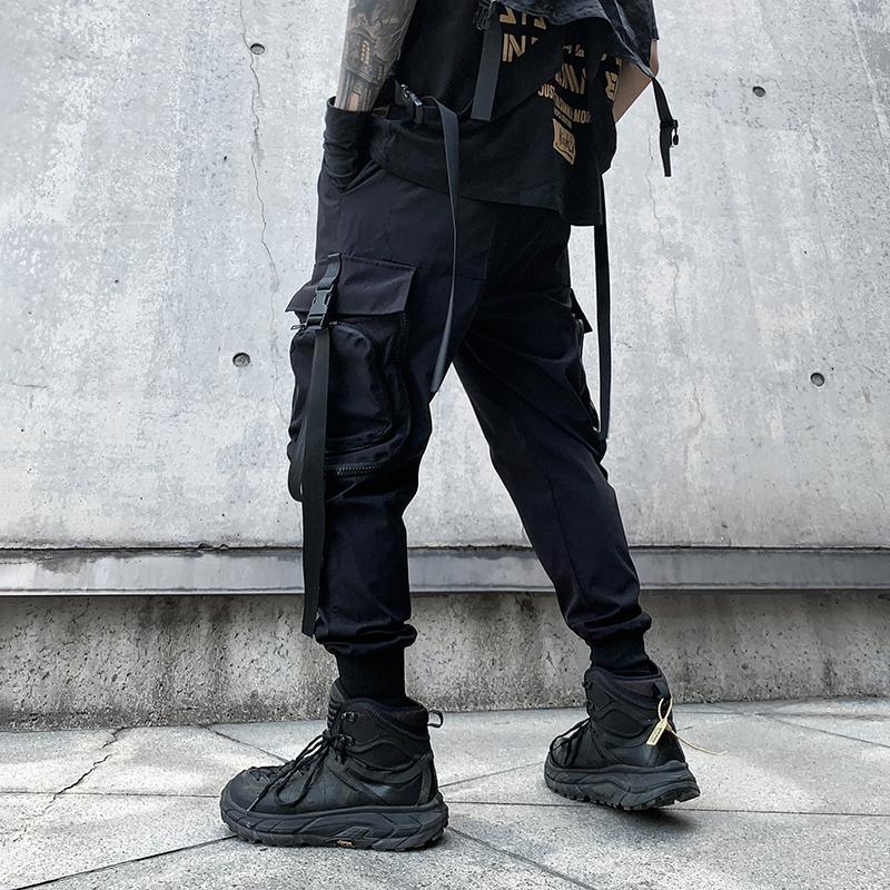 Zipper Big Pockets Ribbons Hip Hop Men's Harem Ripped Sweatpants Joggers Trousers Male Fashion Punk Full Length Pencil Pants
