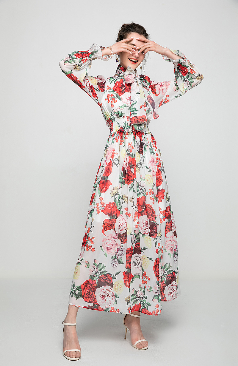 Women's Runway Dresses O Neck Long Sleeves Floral Printed Elastic Waist Fashion Maxi Dress with Scarf