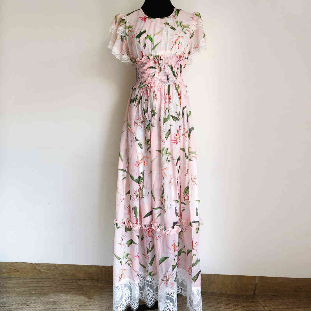 Plus Size Summer Women'S Bohemian Fashion Casual Beach Lily Print Elegant Lace Stitching Chiffon Party Dresses Chic 210421