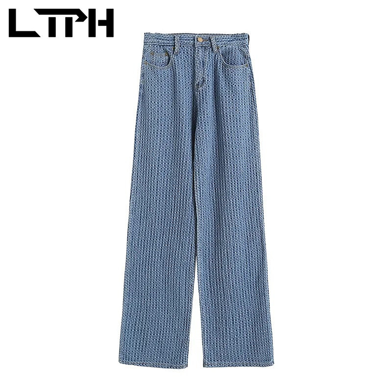 ins fashion streetwear jeans woman high waist airy woven denim trousers chic Slim plaid Wide Leg Pants Spring 210427