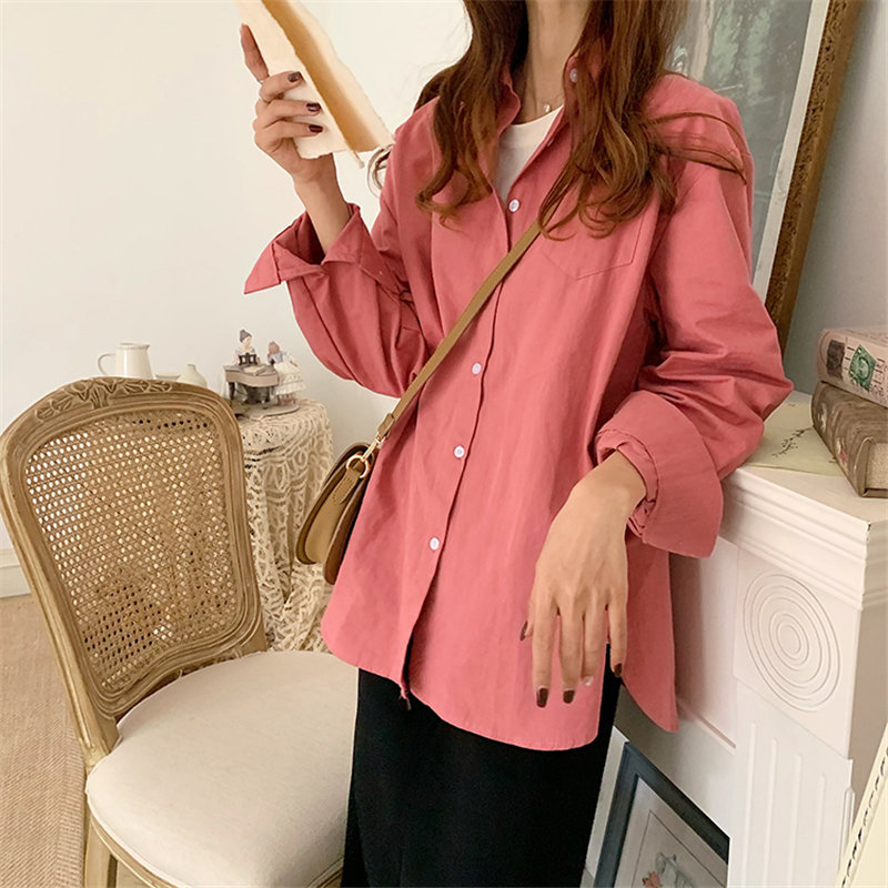Korean Long Sleeve Leisure Minimalist Solid Loose Stylish High Quality OL Brief Women Casual All Match Shirts 210421
