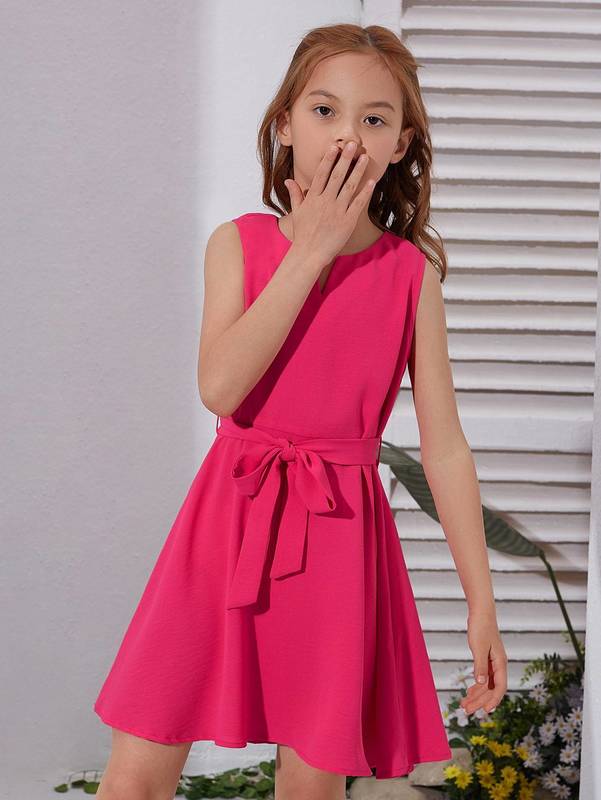 Girls Solid Belted Sleeveless Dress SHE