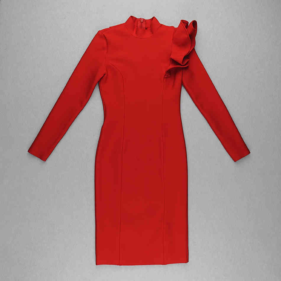 Free Women Red Midi Bandage Dress Elegant O Neck Long Sleeve Ruffle Bodycon Celebrity Club Party Vestido 210524