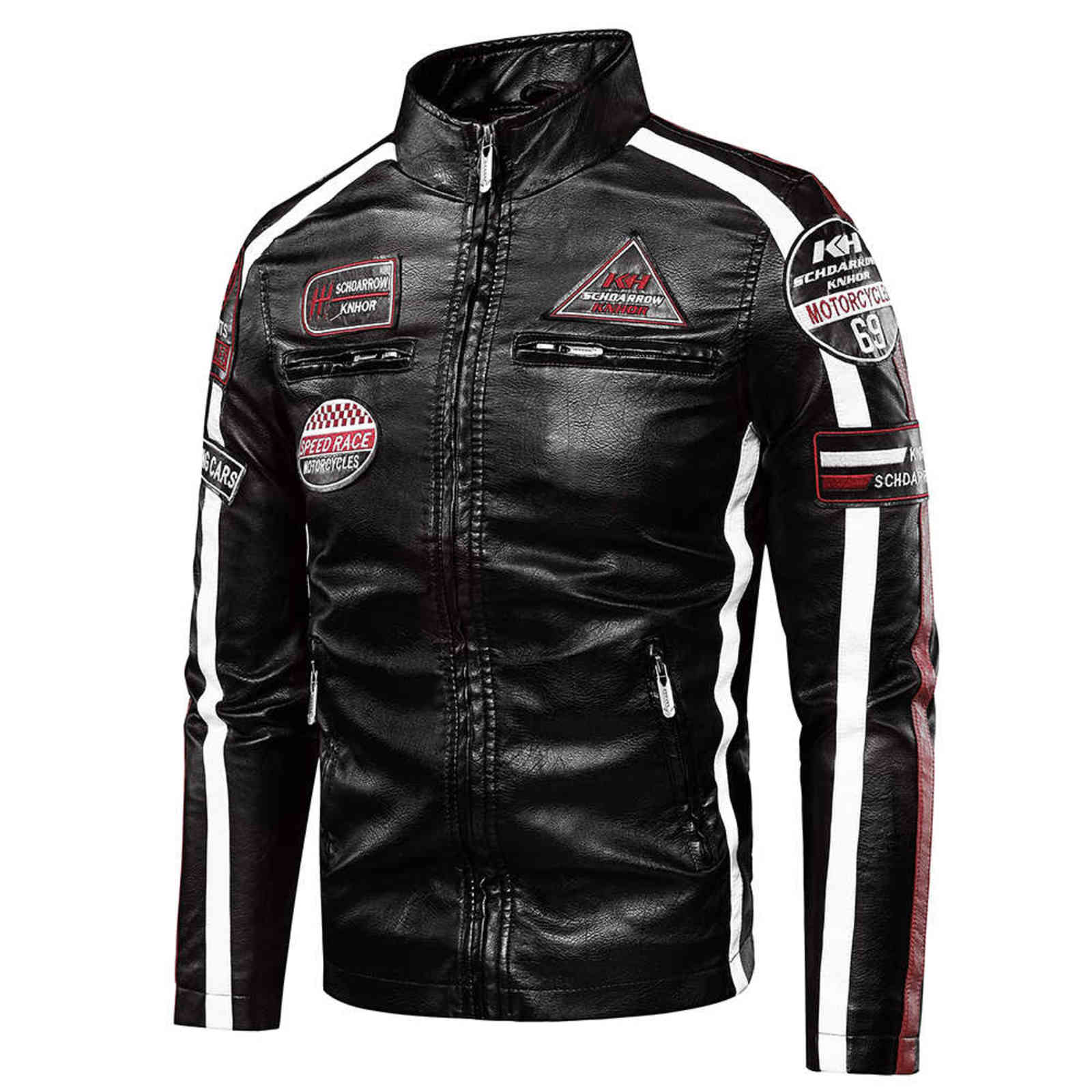 Men Autumn Casual Motor Biker Painted Leather Jackets Coat Men Winter Vintage Punk Style PU Faux Fleece Leather Jackets Men 211111