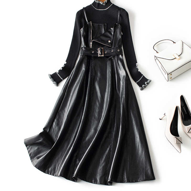 Ly Varey Lin Autumn Strapless Black Pu Leather Long Dress Women High Waist Belt Zipper Loose Vestidos 210526