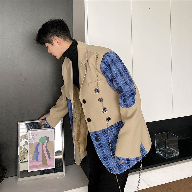 IEFB Korean blue paid color block patchwork blazers for men spring deisgn chian suit coat mens streetwear coat raw 9Y4396 210524