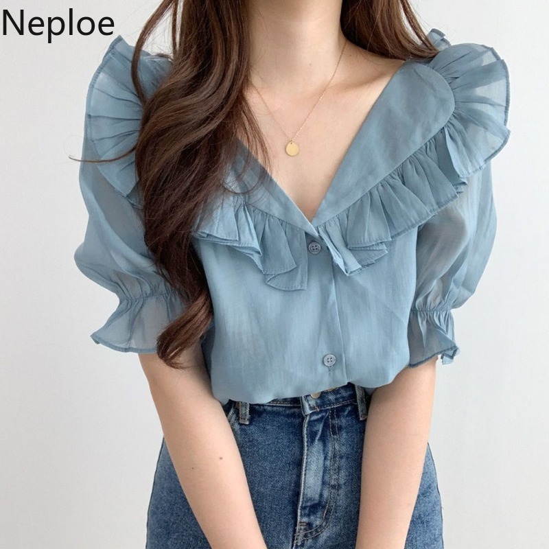 Neploe Korean Summer Shirts Chic Ruffles Elegant Blouses Women Clothes Sweet Puff Lseeve Chiffon Tops Blusas Mujer De Moda 210422