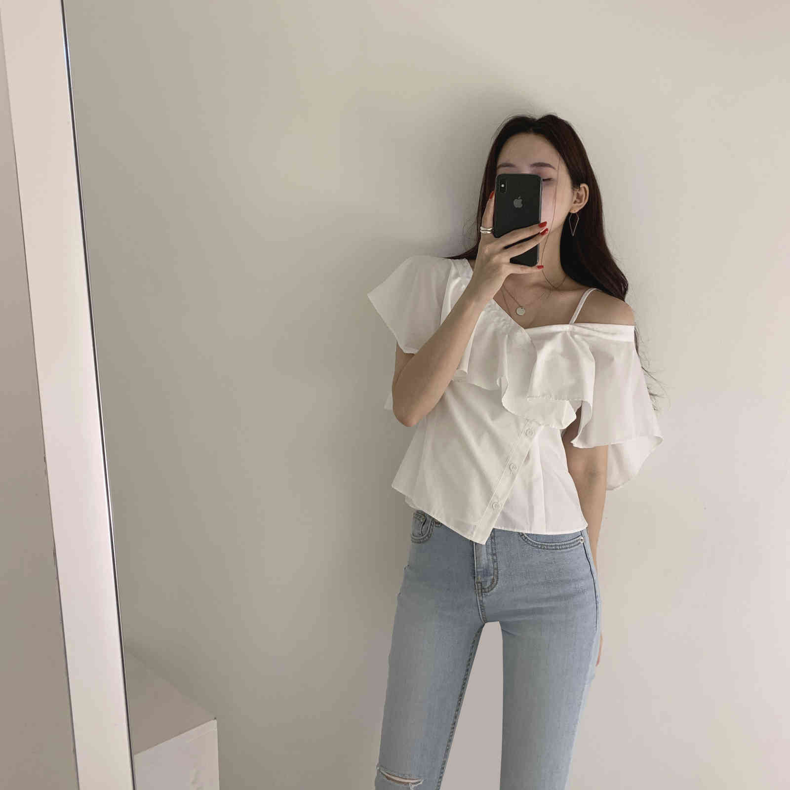 Chic Korean Fashion Clothing Summer Sexy Blue V Neck Off Shoulder Ruffles Blouse Women Irregular Short Blusas De Mujer Wild 210429