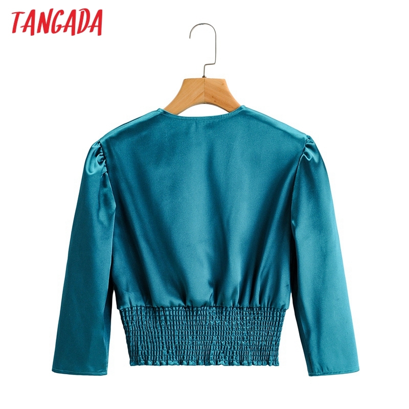 Women Retro Solid Satin Crop V Neck Chic Female Slim Shirt Tops 1F79 210416