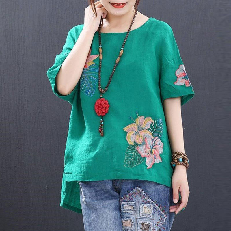 Summer Style Cotton Linen Tops Plus Size Floral Embroidery Vintage Loose Short Sleeve Tshirt Lady O-neck Tee Shirt Big HX01 210512