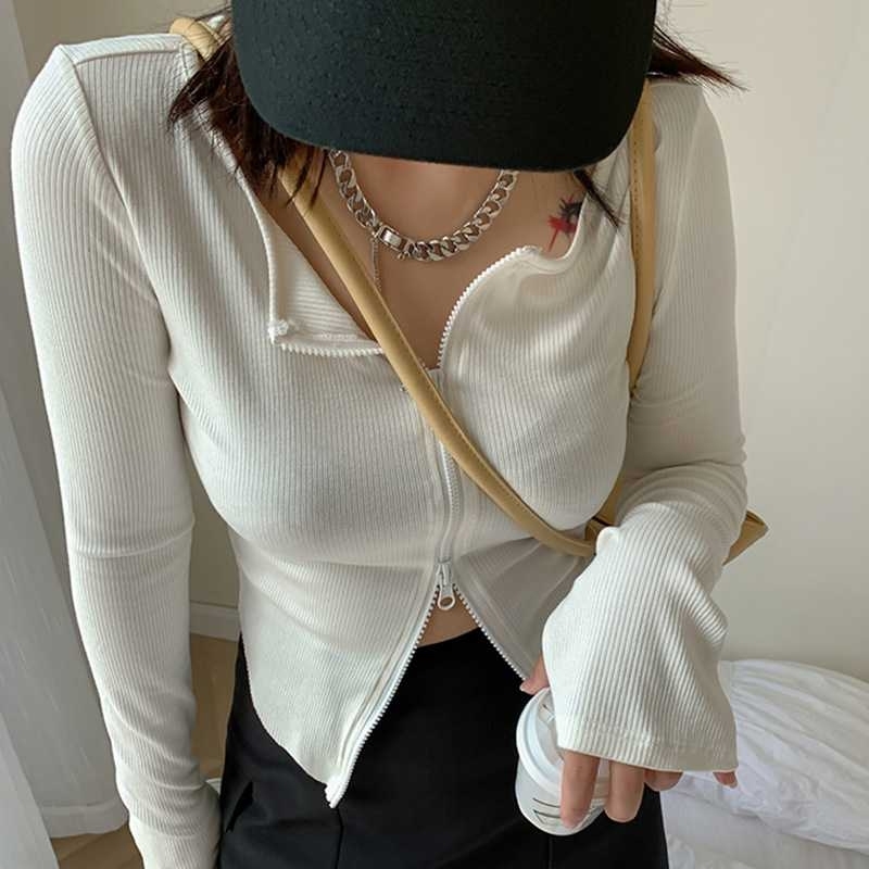 Zipper Women Cardigans Sweater Sexy Long Sleeve Corpped Knitted Autumn Fashion Female Top Casual Slim Blouse blusas mujer 12381 210528wtt
