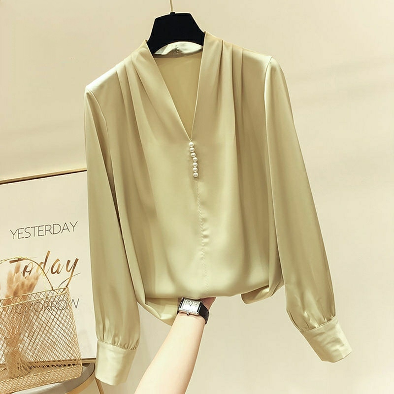 Womens Spring Autumn Style Chiffon Blouses Shirt Womens Rivet Beads Long Sleeve Solid Color Korean Elegant Tops DD9057 210401