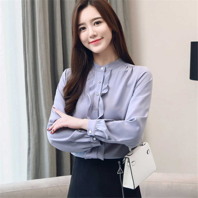 Korean Chiffon Women Blouses Shirt Wome Long Sleeve Shirts Office Lady Ruffles Blouse Tops Plus Size Blusas Mujer De Moda 210531