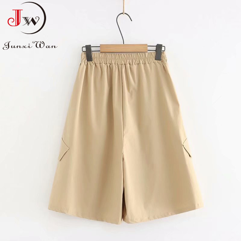Women Summer Solid Cotton Wide Leg Pants Elastic Waist Loose Korean Casual Knee Length Shorts Skirts Girls Midi Trousers Pocket 210510