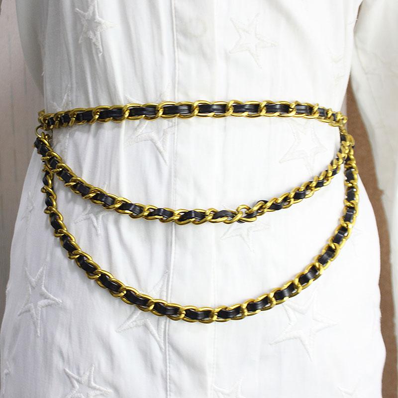 Belts French Retro Chain Waist Women's Dress Fashion Leather Stitching Metal Belt Accessories Closure, Gold