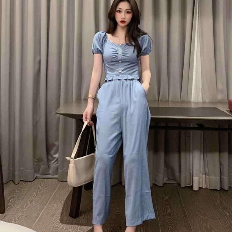 Summer Fashion Women' Two Pieces Denim Puff Sleeve Ruffles Short Top + High Waist Wide leg Pants Suit 210526, Photo color
Summer Fashion Women' Two Pieces Denim Puff Sleeve Ruffles Short Top + High Waist Wide leg Pants Suit 210526, Photo color
