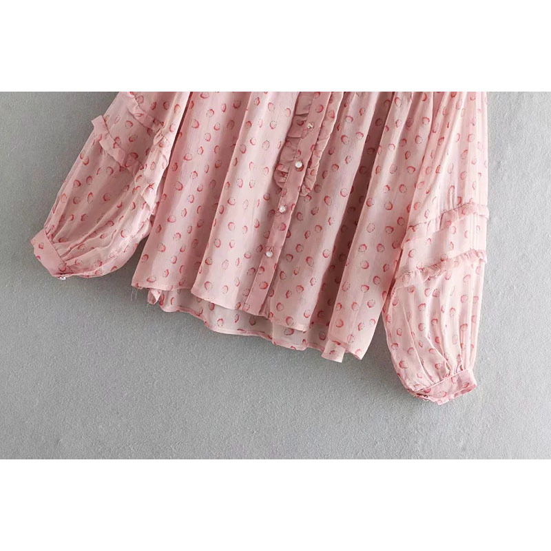 Sweet Small Fruit Print Ruffles Silk Blouse Spring Summer Cute Girls Stand Shirts Long Sleeve Casual Female Blusas 210520