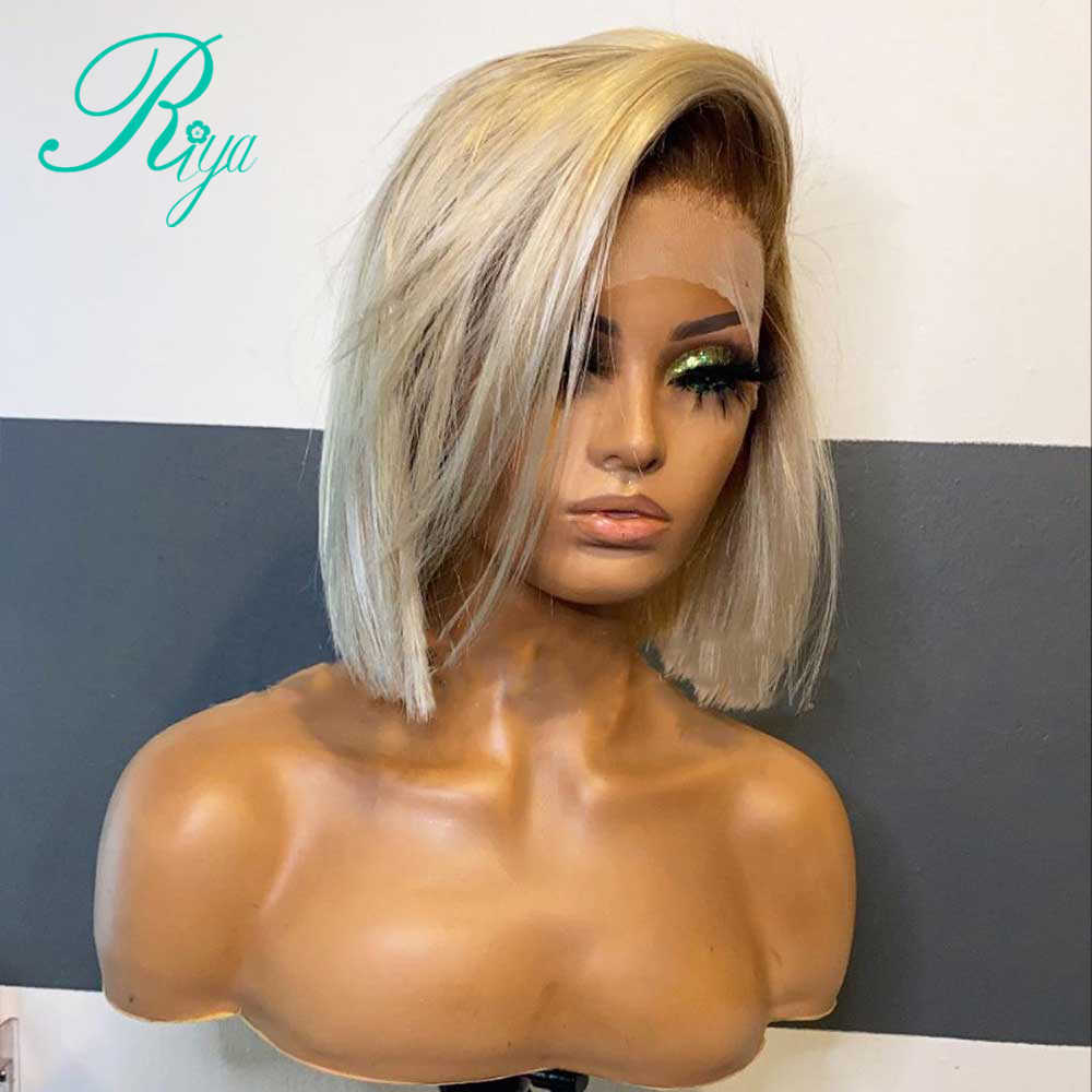 4T613 Honey Blonde Ombre 613 Color Lace Closure Wig Short Pixie Bob Cut Straight 13X4 Lace Front Human Hair Wigs For Women Remy S0826