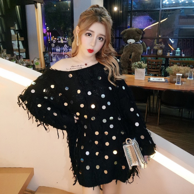 MATAKAWA Sequined Tassel Women Pullover Mid-length Knitted Sweaters Woman Spring Korean O-Neck Sweater Long-sleeved Loose Tops 210513