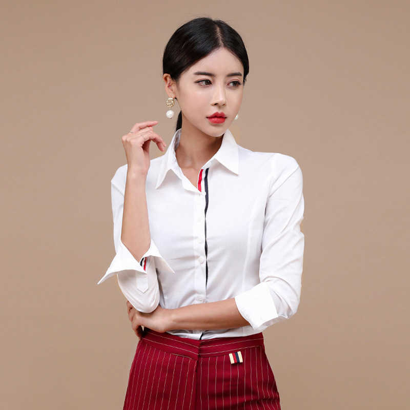 Spring Autumn Tops Office Ladies Blouse Striped Patchwork Long Sleeve Turn Down Collar White Shirt Women Work 210603