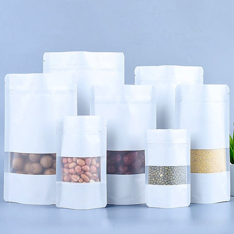 100pcs Stand up Matte White Aluminum Foil Window Zip Lock Bag Resealable Meat Coffee Powder Snack Nuts Xmas Wedding Gifts Heat Sealing Packaging Pouch