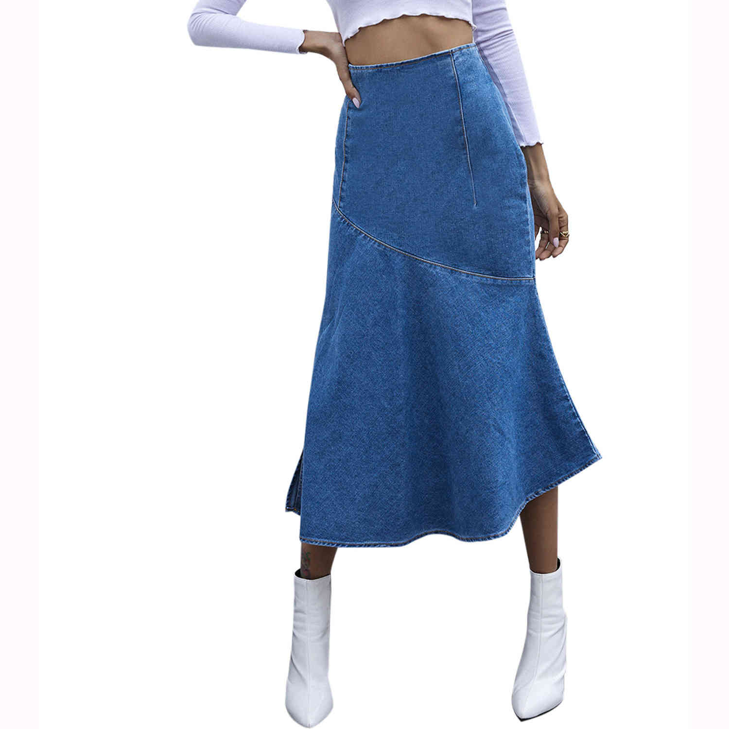 Fashion denim Cotton Ruffles Hip pencil long skirt Womens autumn winter Denim Skirt womens Mid-Calf Vintage skirts 210508