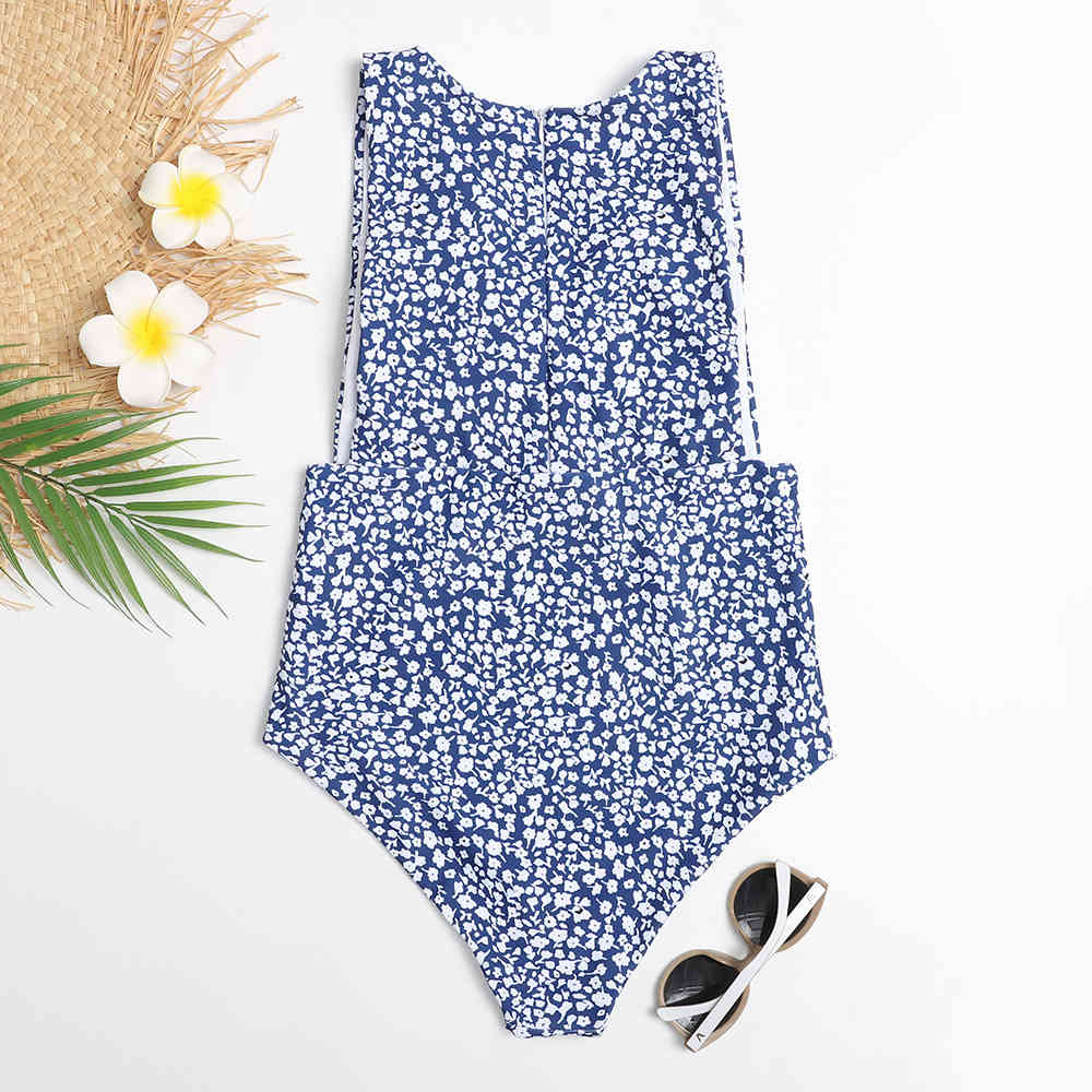 Vintage Retro Swimsuit Female Printed Swimwear Women Zipper Bathing Suits Summer Beach Wear Bather Monokini Swim 210521