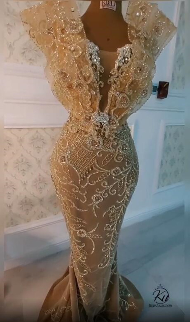 2021 Plus Size Arabic Aso Ebi Gold Luxurious Sexy Prom Dresses Beaded Crystals Mermaid Evening Formal Party Second Reception Gowns ZJ205
