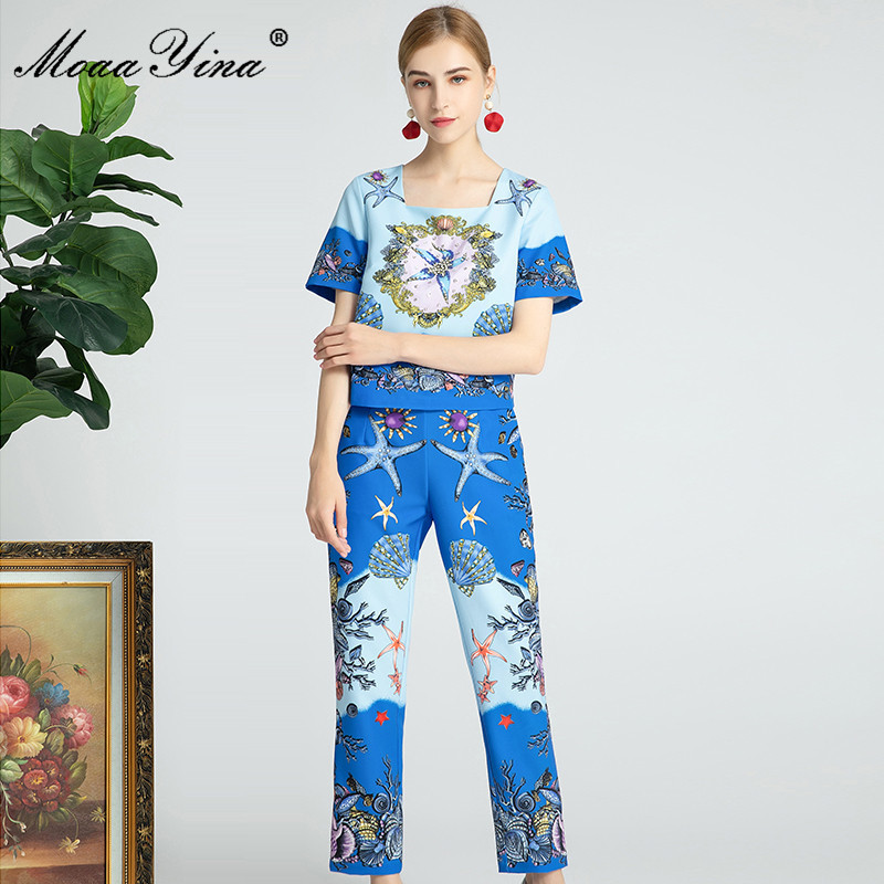 Fashion Set Summer Women's Square Collar Short sleeve Beaded Conch Shell Starfish Tops+Trousers Two-piece set 210524