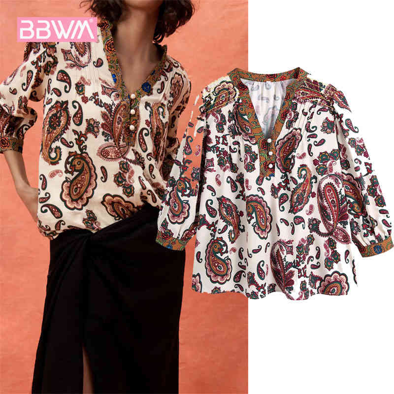 V-neck Printed Short-sleeved Holiday Chic Women's Pullover Women's Shirt Paisley Pattern Cotton Female Tops 210507