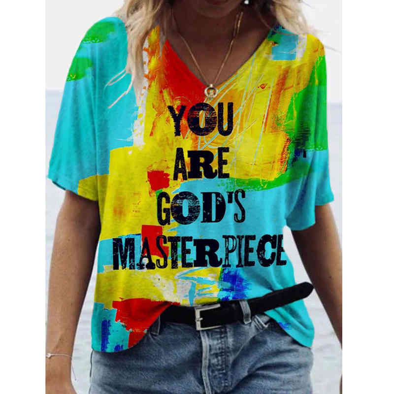 Harajuku Streetwear Tshirts Summer Vintage Printed Tops Women Casual Short Sleeve V-neck Plus Size Tee Shirt Femme Lady Clothes 210406