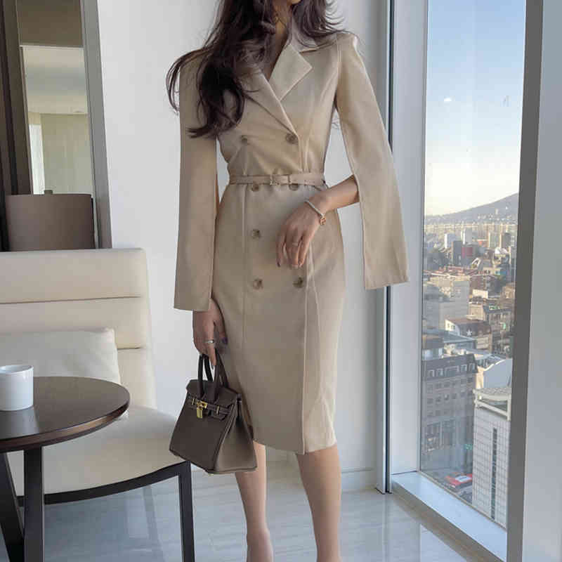 Spring Office OL Notched Collar Sexy Split Long sleeve Sheath Dresses Women With Belt Double Breasted Elegant Slim Dres 210519