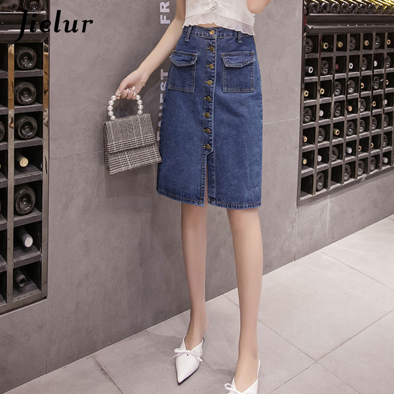 Jielur High Waist Denim Skirts Plus Size Buttons Pockets Classic Jeans Skirt for Women S-5XL Fashion Korean Elegant Jupe Femme 210408