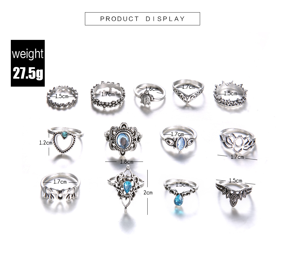 Bohemian Crown Star Moon Ring Set Suitable for Women Fashion Crystal Lotus Geometry Lady Ring Jewelry Halloween