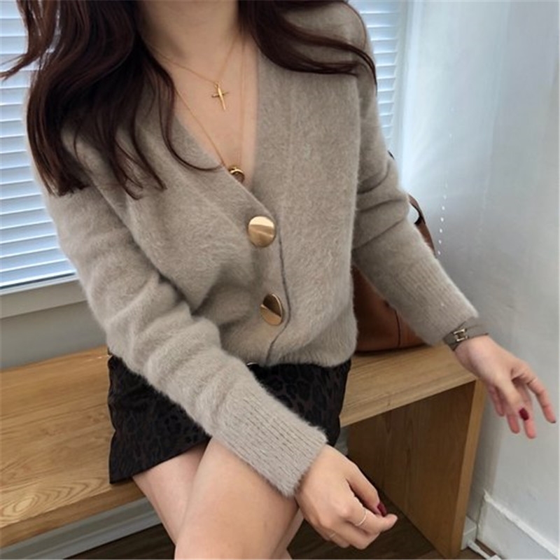 Solid Elegant Women Cardigans Casual V-Neck Cashmere Knitted Women Sweaters Coat Slim Autumn Winter Clothes Female 210602