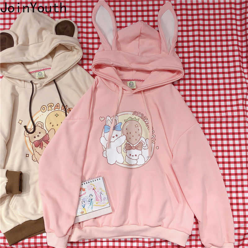 Joinyouth Hoodie Cartoon Print Hooded Pink Coat Tops Fashion Fall Clothes Loose Japanese Sweet Cute Sweatshirt 210910