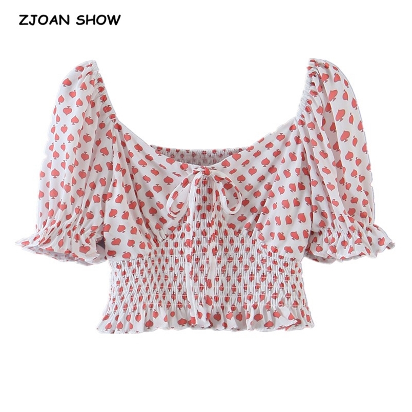 Sexy Elastic Ruched Back Heart Print Tank Tops Women Summer Short Puff Sleeve Square collar Crop Top High Waist Tees 210429
