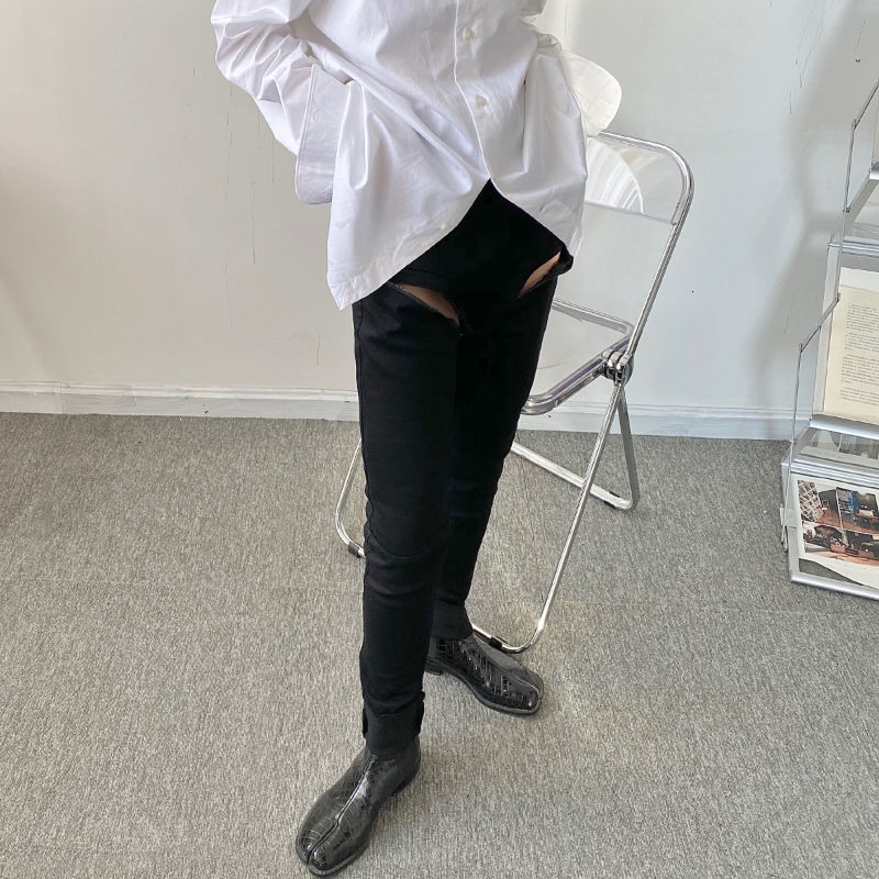 IEFB Spring Niche Dark Personality Thigh Zipper Deconstruction Slim Men's Black Jeans Causal Korean Denim Trousers 210524