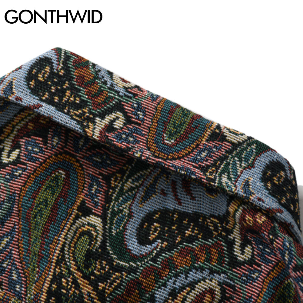 GONTHWID Knitted Shirts Harajuku Bandana Paisley Pattern Flowers Button Shirt Hip Hop Casual Long Sleeve Streetwear Tops Coats 210410