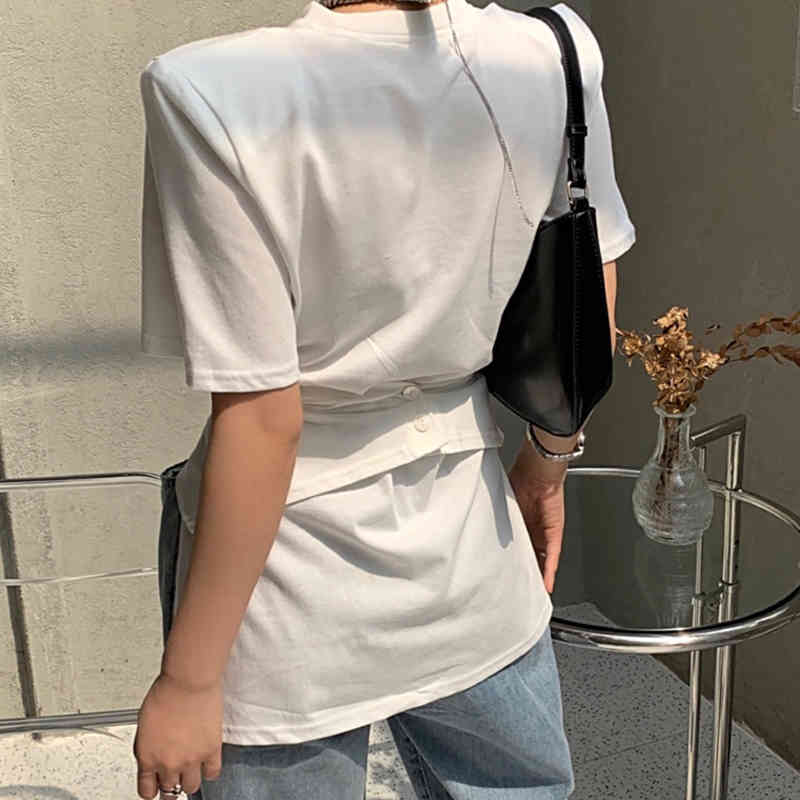 TWOWINSYLE Casual Ruched Irregular Shirt For Women O Neck Short Sleeve Solid Shirts Females Summer Fashion Stylish 210524