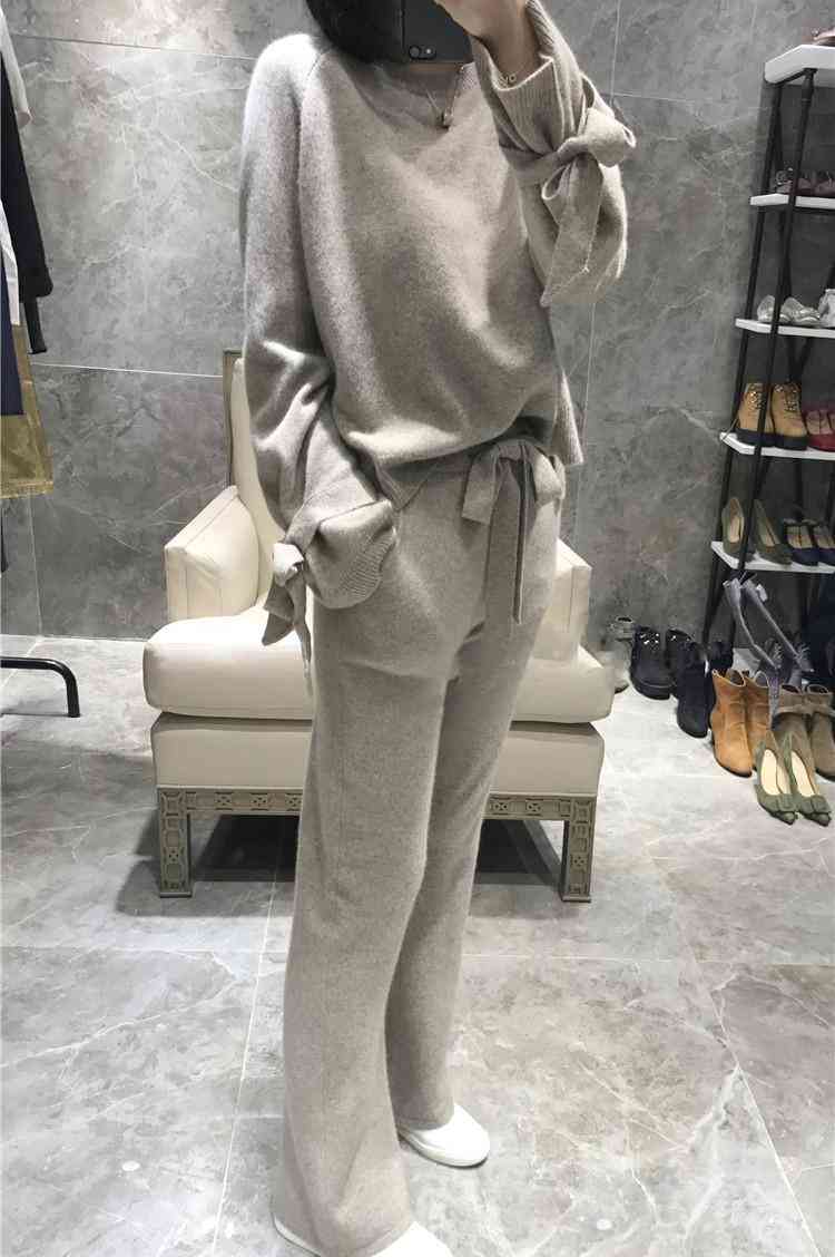 Women Sets High quality Wool knitted Two Piece Set Cashmere Loose Sweater Pullover Elastic Wiast Pants Suit Tracksuit 677G 210420